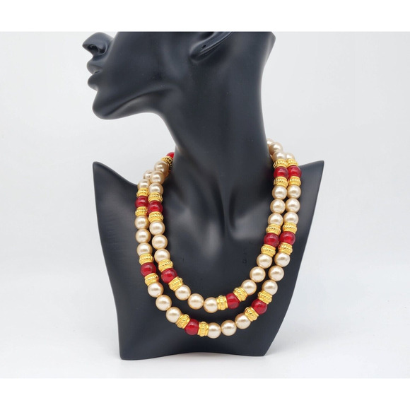 Vintage Ben Amun Two Strand Faux Pearl Bead Necklace Choker Signed 16'' - Picture 1 of 9